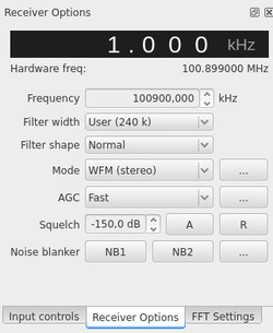 Gqrx, onglet "Receiver Options"